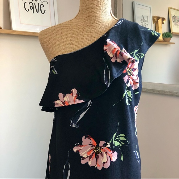 Navy One Shoulder Floral Dress - Picture 3 of 12